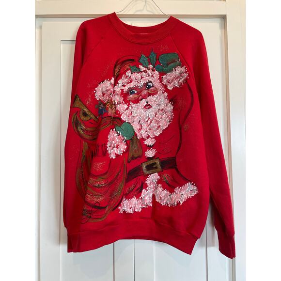 Vintage 1990's handpainted Santa Sweatshirt LG Christmas - Picture 1 of 9